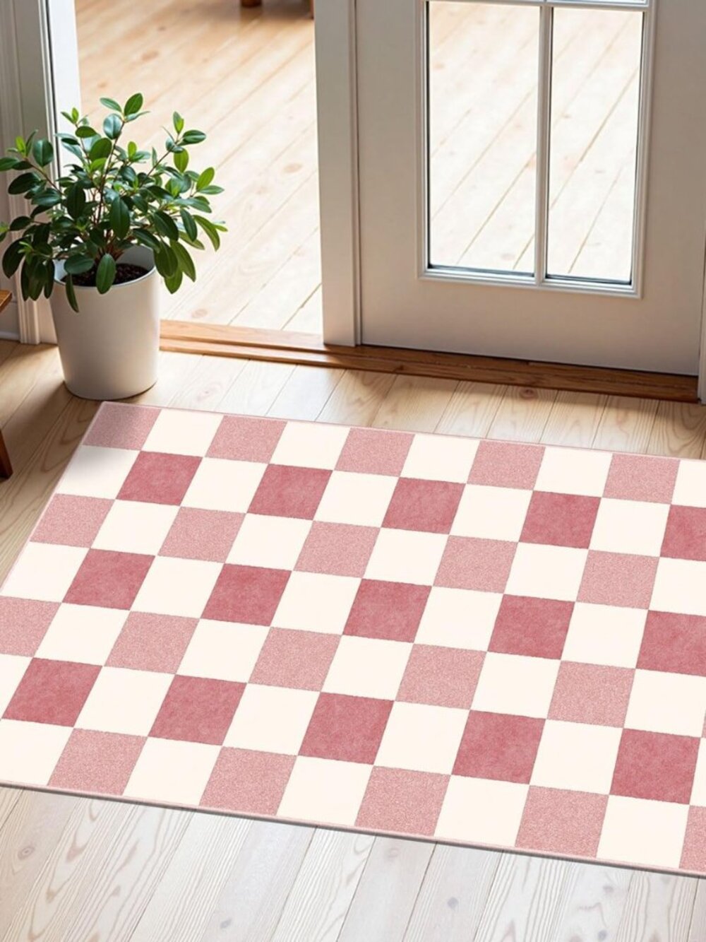 Front Door Mat Outside Entrance - 2x3 Cute Pink White Checkered Rug